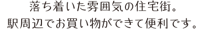 治安が良く落ち着いた雰囲気の住宅街。駅周辺でお買い物もできて便利です。